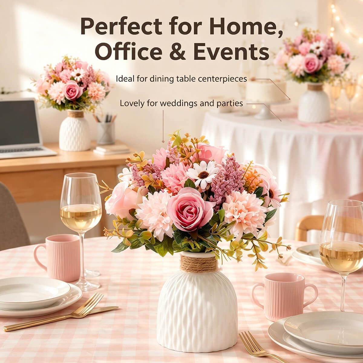 Fake Flowers in Vase, Artificial Pink Flowers in Vase for Decoration Faux Flowers Fake Floral for Home Decor Indoor Dining Table Centerpiece (Pink)