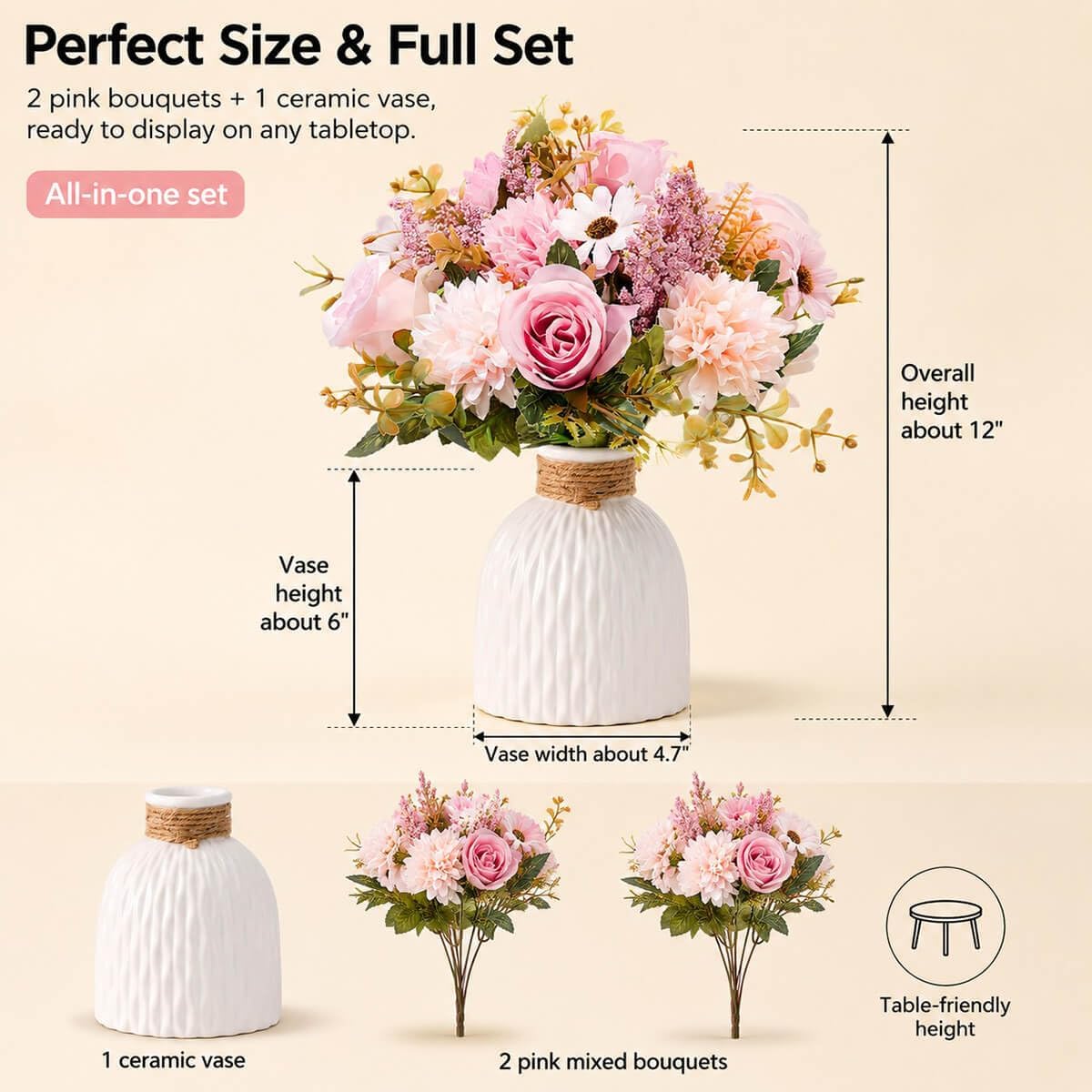 Fake Flowers in Vase, Artificial Pink Flowers in Vase for Decoration Faux Flowers Fake Floral for Home Decor Indoor Dining Table Centerpiece (Pink)