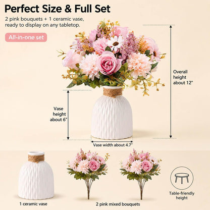 Fake Flowers in Vase, Artificial Pink Flowers in Vase for Decoration Faux Flowers Fake Floral for Home Decor Indoor Dining Table Centerpiece (Pink)