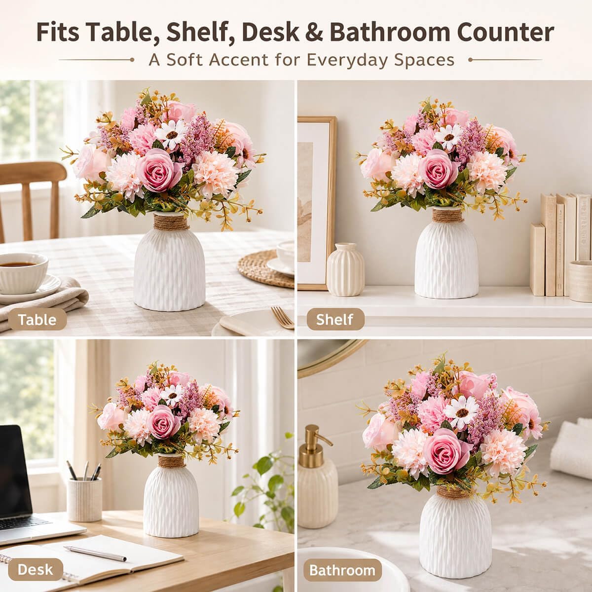 Fake Flowers in Vase, Artificial Pink Flowers in Vase for Decoration Faux Flowers Fake Floral for Home Decor Indoor Dining Table Centerpiece (Pink)