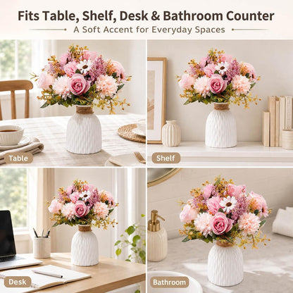 Fake Flowers in Vase, Artificial Pink Flowers in Vase for Decoration Faux Flowers Fake Floral for Home Decor Indoor Dining Table Centerpiece (Pink)