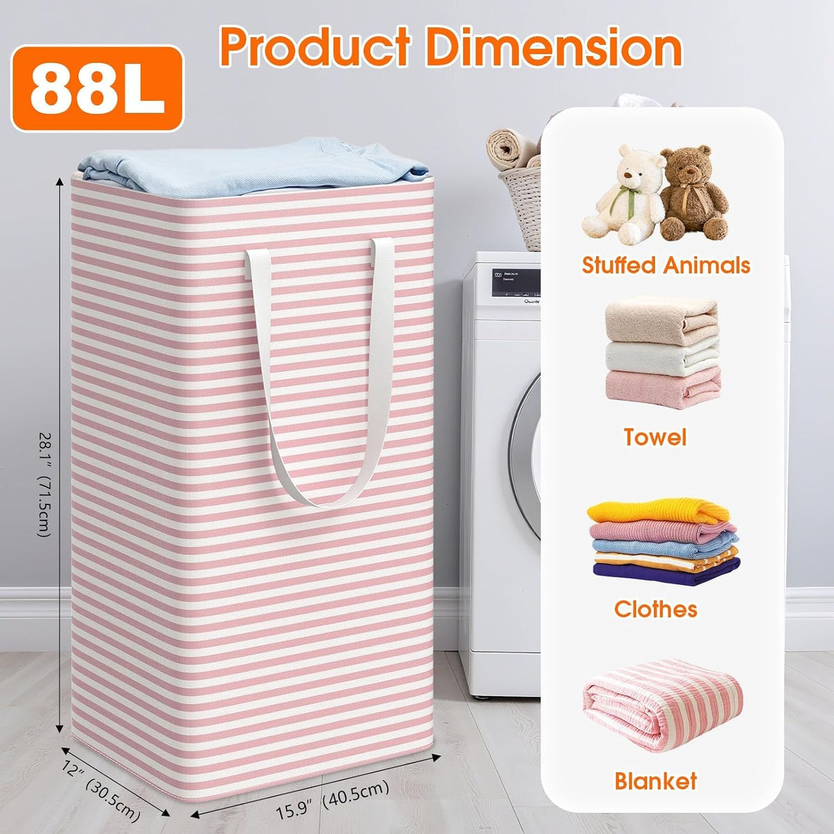3-Pack Laundry Basket, Collapsible Laundry Hampers, 88L, Pink