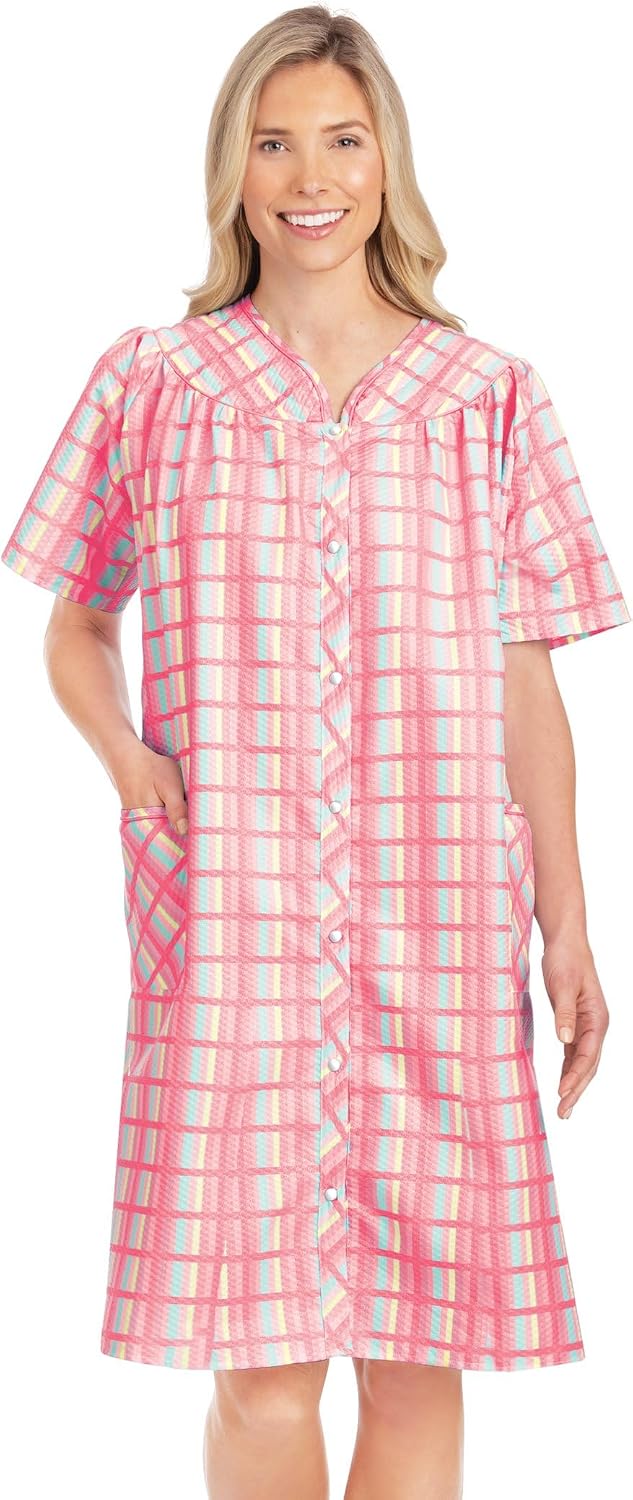 Women's Comfortable Plaid Snap Front Short Sleeve Robe Pink Medium