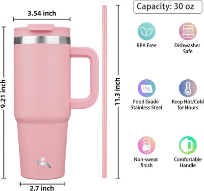 30 oz Insulated Tumbler Water Bottle with Handle, Straw Lid