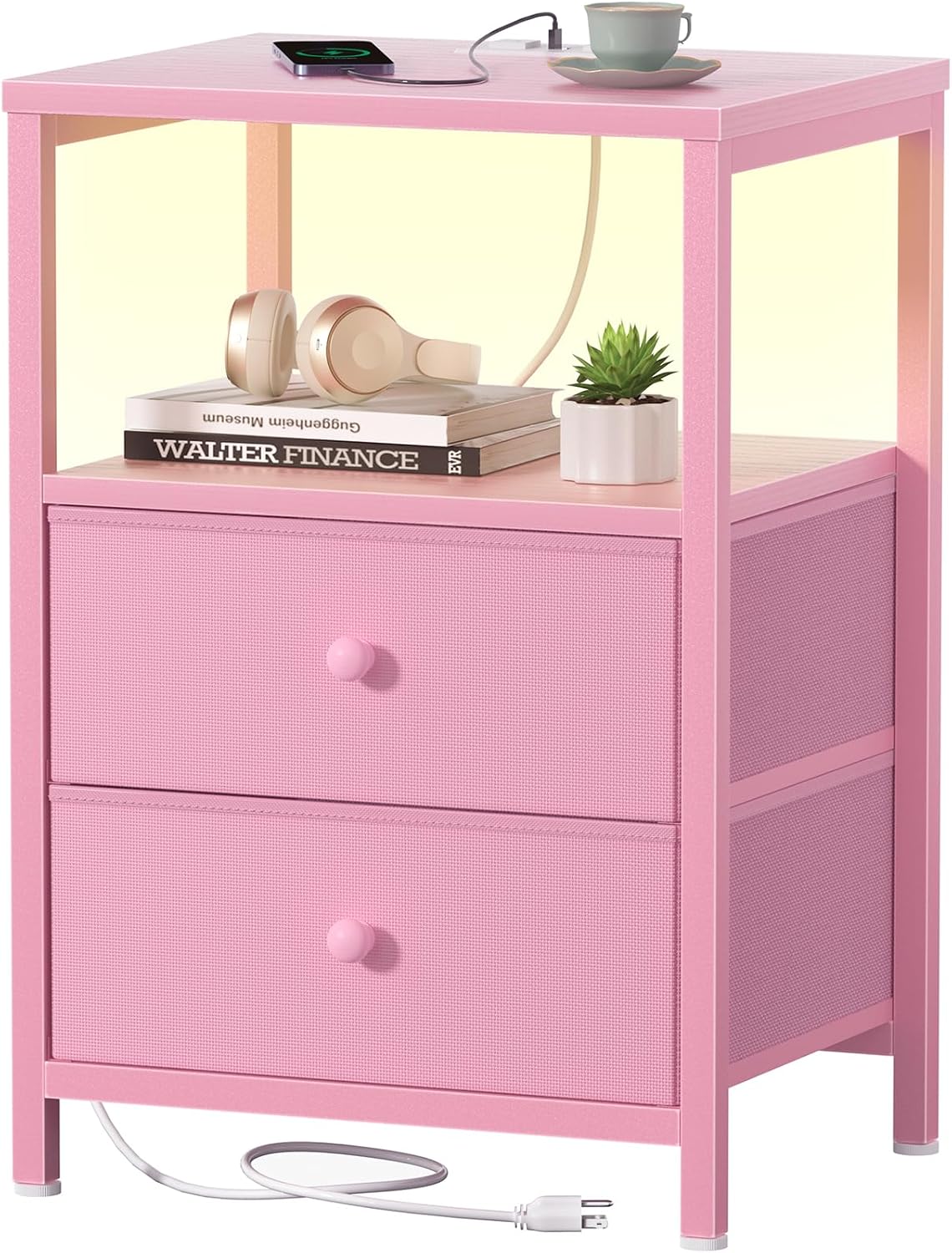 Pink Nightstand with Charging Station, LED Night Stand with 2 Fabric Drawers, Bedside Table with USB Ports and Outlets, Nightstand for Bedroom Modern
