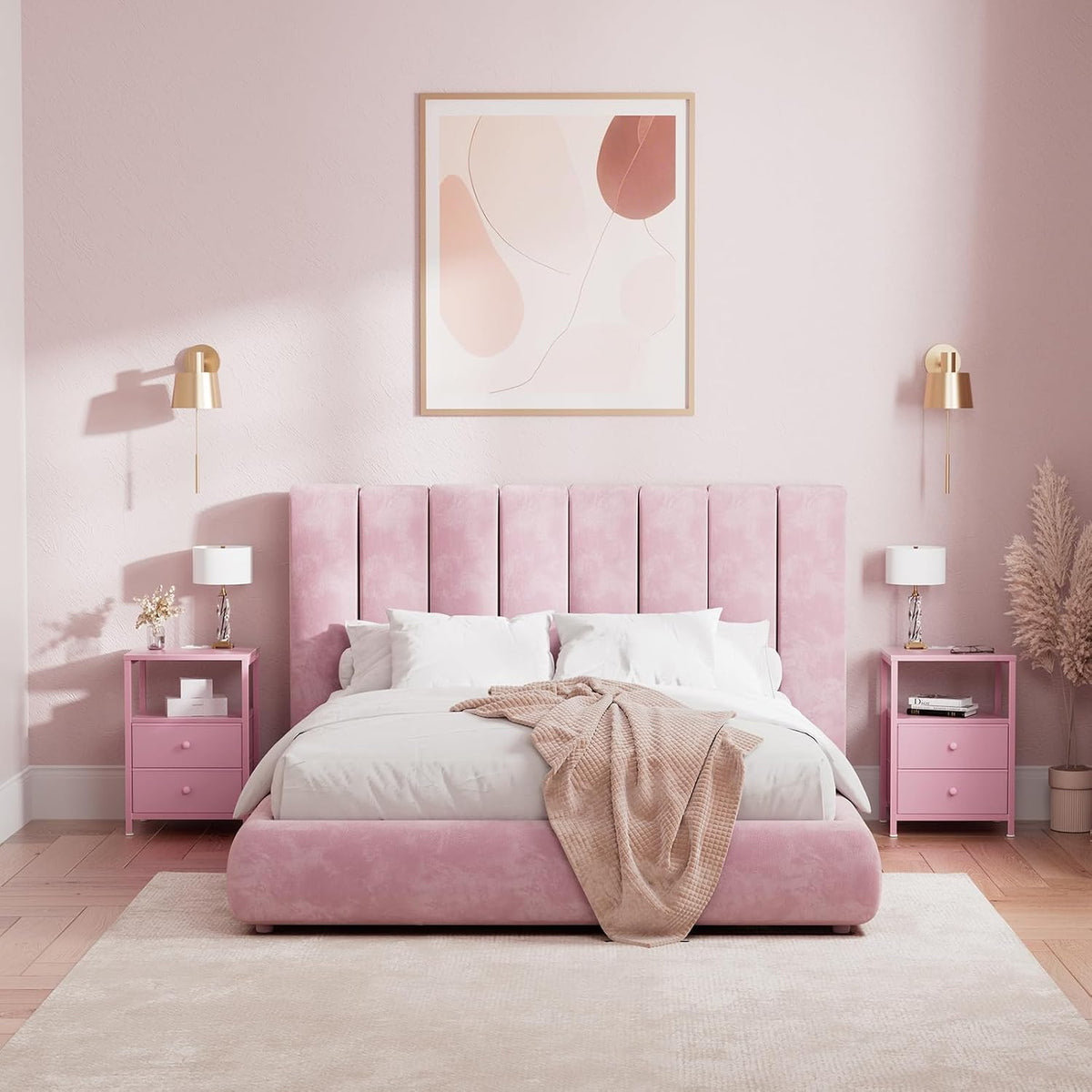 Pink Nightstand with Charging Station, LED Night Stand with 2 Fabric Drawers, Bedside Table with USB Ports and Outlets, Nightstand for Bedroom Modern