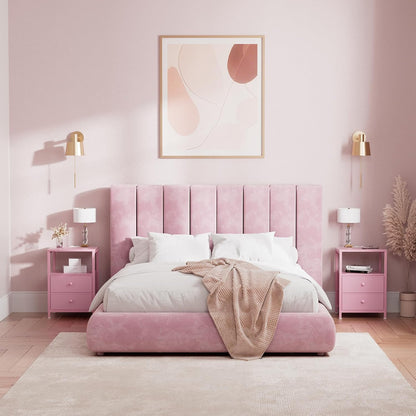 Pink Nightstand with Charging Station, LED Night Stand with 2 Fabric Drawers, Bedside Table with USB Ports and Outlets, Nightstand for Bedroom Modern
