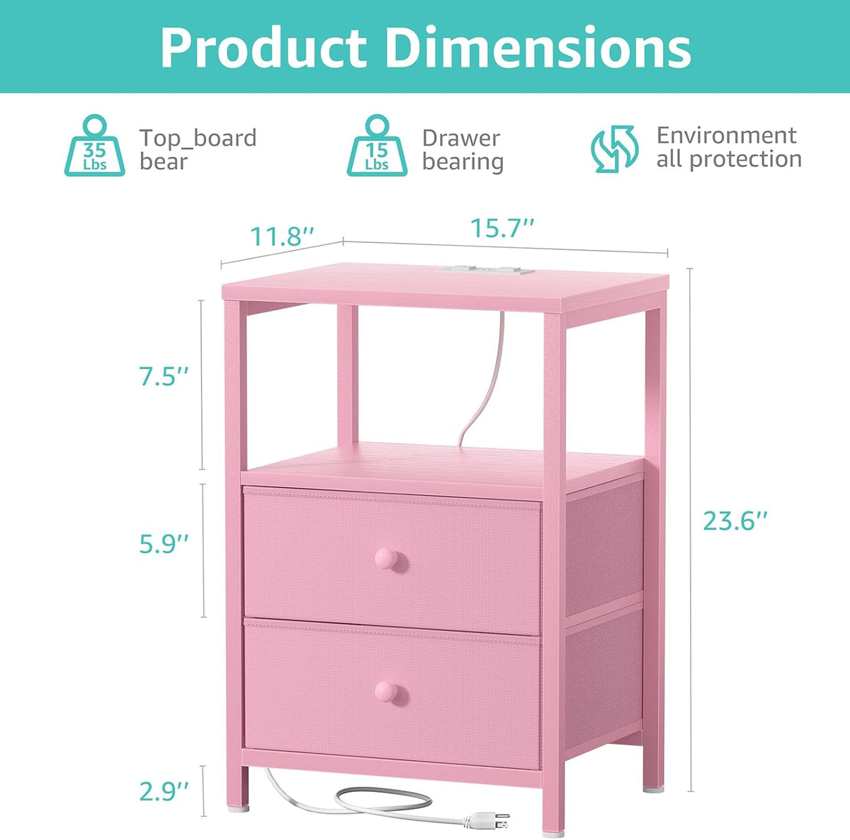 Pink Nightstand with Charging Station, LED Night Stand with 2 Fabric Drawers, Bedside Table with USB Ports and Outlets, Nightstand for Bedroom Modern