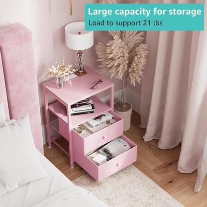 Pink Nightstand with Charging Station, LED Night Stand with 2 Fabric Drawers, Bedside Table with USB Ports and Outlets, Nightstand for Bedroom Modern