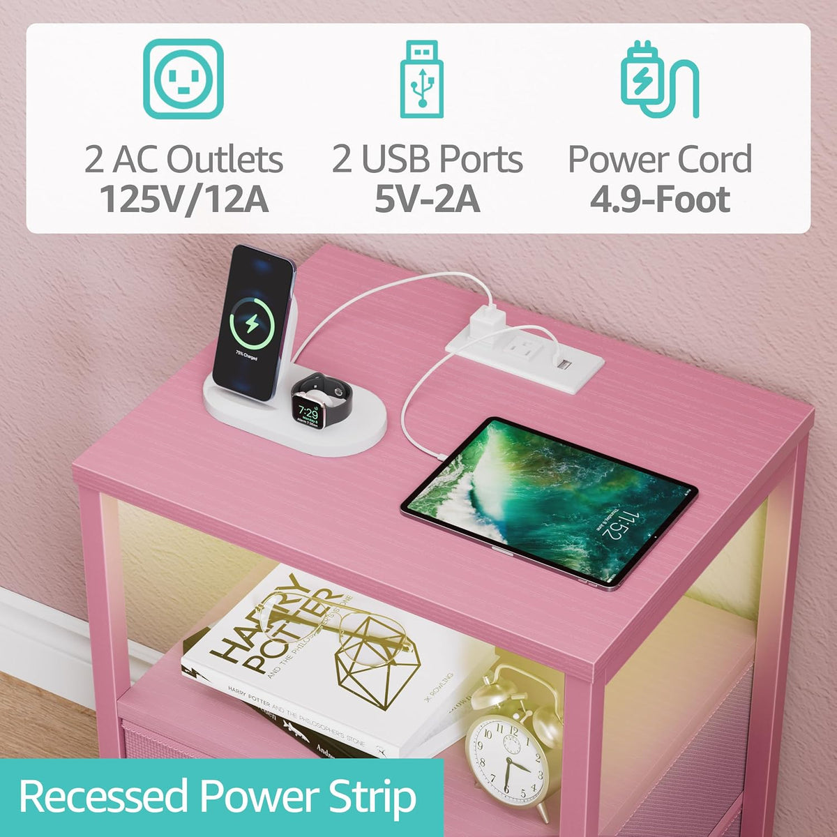Pink Nightstand with Charging Station, LED Night Stand with 2 Fabric Drawers, Bedside Table with USB Ports and Outlets, Nightstand for Bedroom Modern