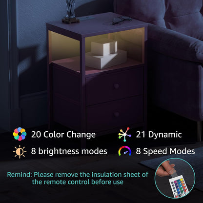 Pink Nightstand with Charging Station, LED Night Stand with 2 Fabric Drawers, Bedside Table with USB Ports and Outlets, Nightstand for Bedroom Modern