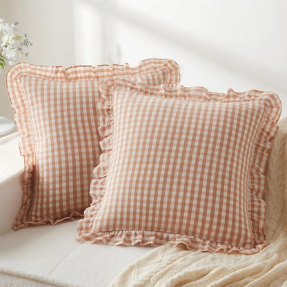 2 Pcs Ruffle Gingham Pillow Covers 20" x 20", Light Pink Plaid