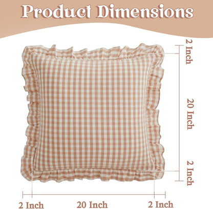 2 Pcs Ruffle Gingham Pillow Covers 20" x 20", Light Pink Plaid