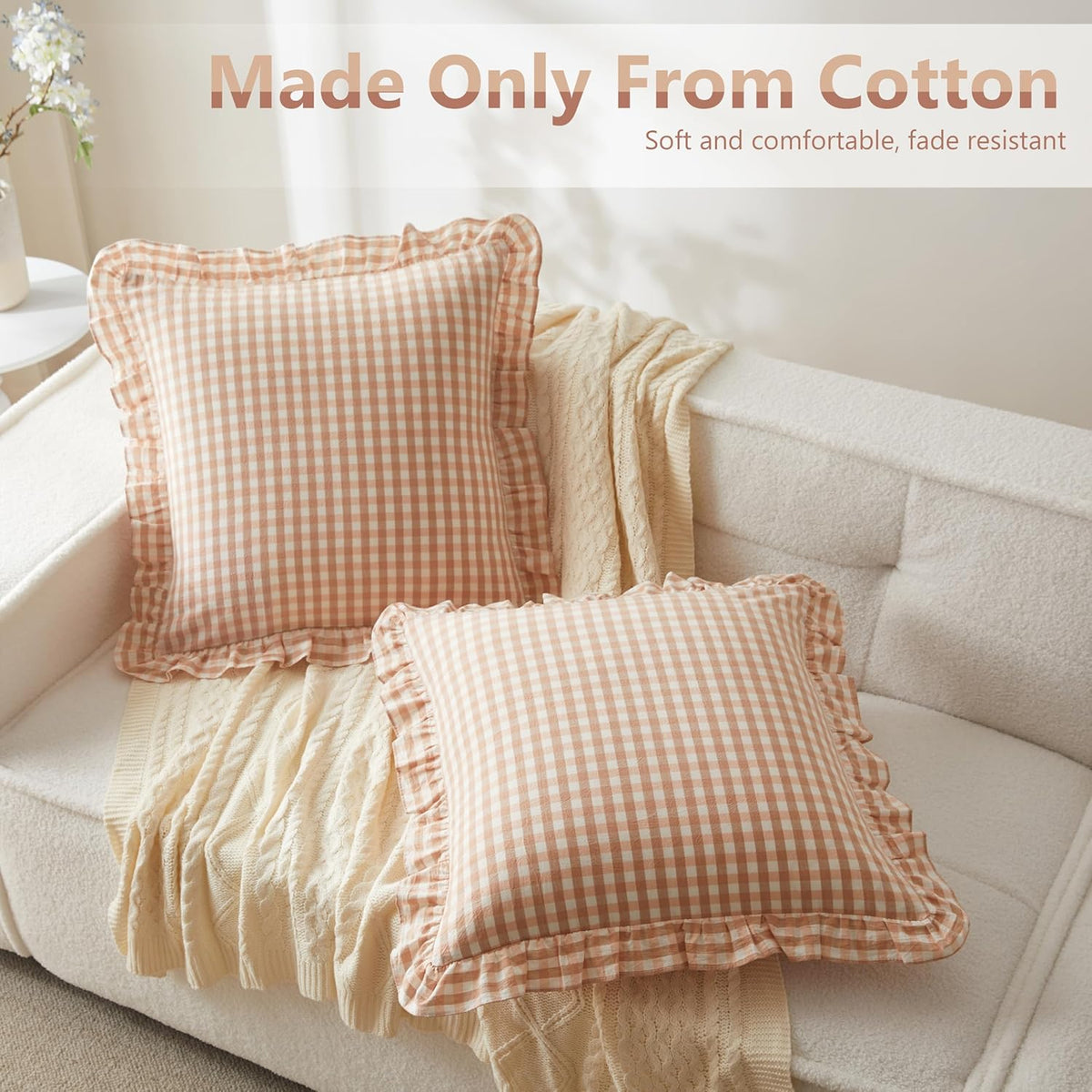 2 Pcs Ruffle Gingham Pillow Covers 20" x 20", Light Pink Plaid
