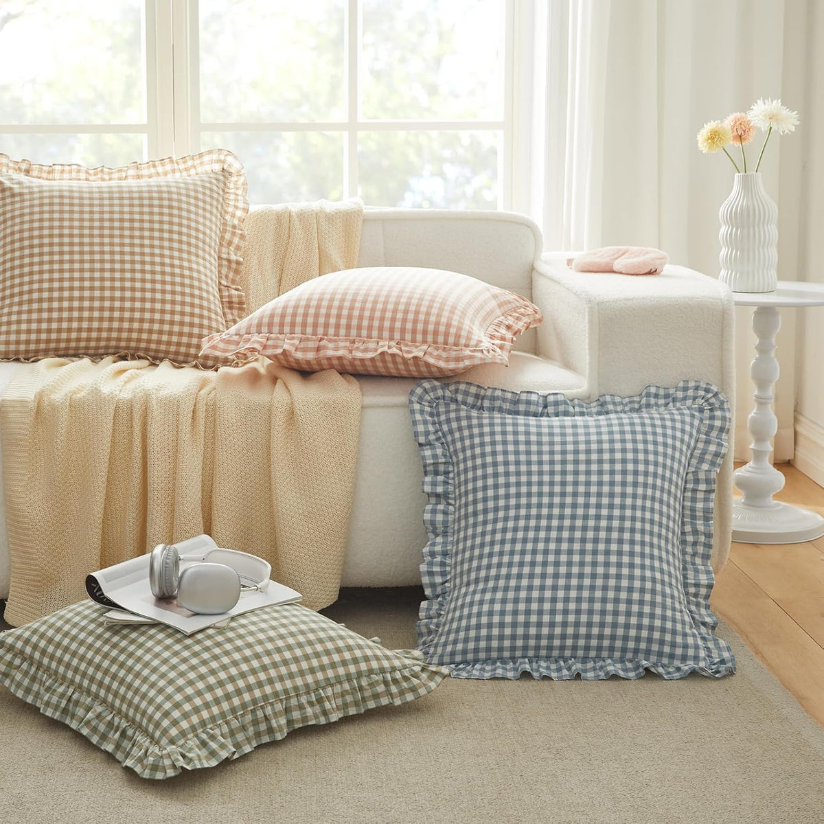 2 Pcs Ruffle Gingham Pillow Covers 20" x 20", Light Pink Plaid