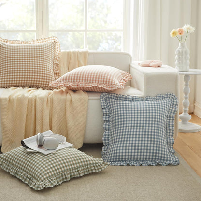 2 Pcs Ruffle Gingham Pillow Covers 20" x 20", Light Pink Plaid