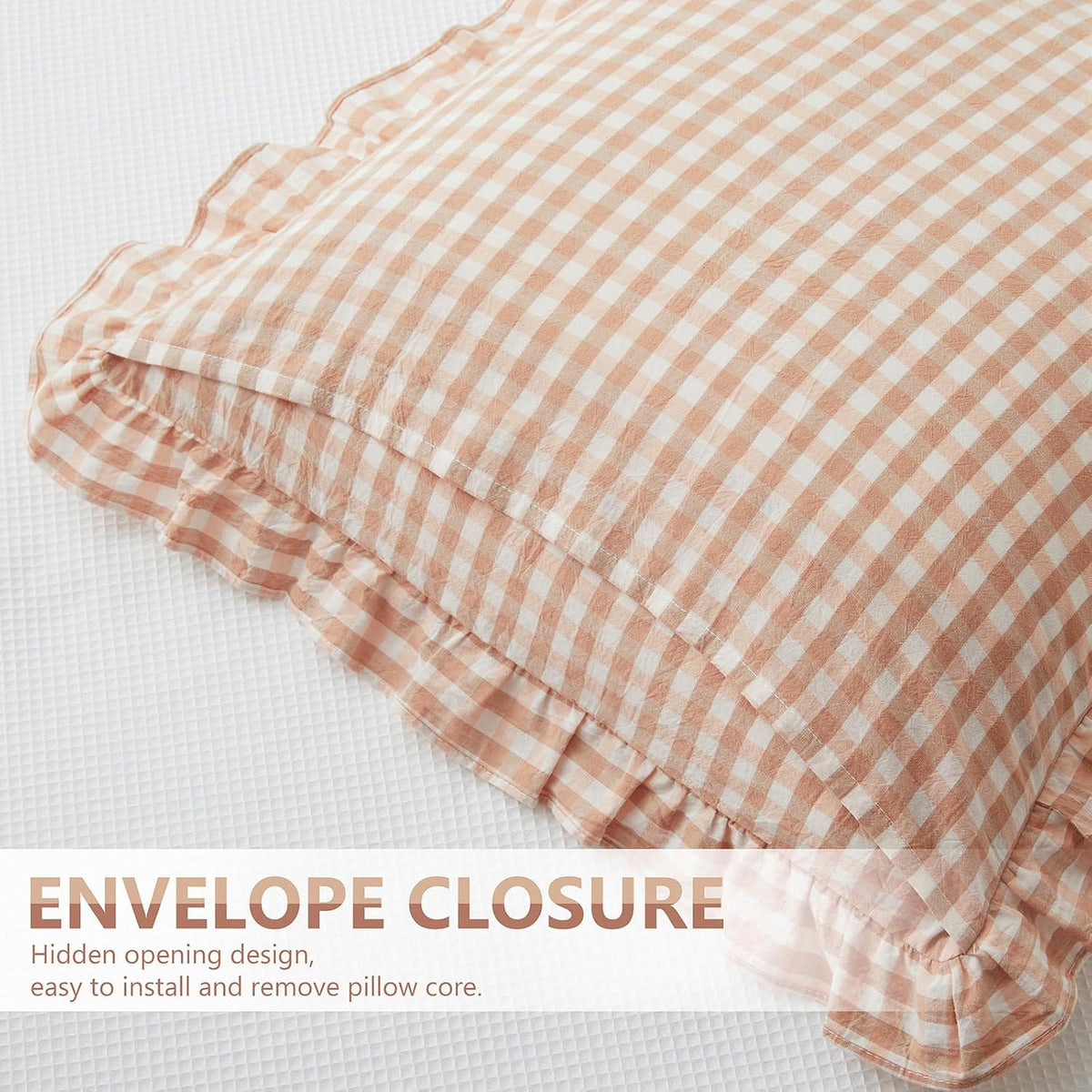 2 Pcs Ruffle Gingham Pillow Covers 20" x 20", Light Pink Plaid