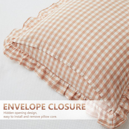 2 Pcs Ruffle Gingham Pillow Covers 20" x 20", Light Pink Plaid