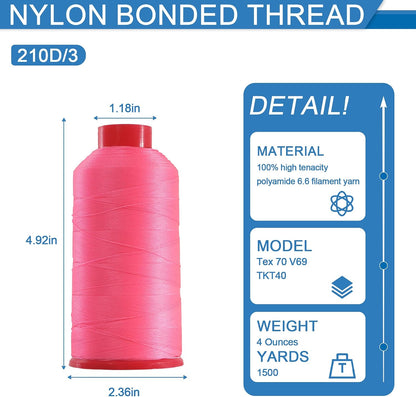 Heavy Duty Bonded Nylon 66 Sewing Thread 210D/3 T70#69 1500 Yards for Canvas Furniture Upholstery Leather Goods Automotive Leather Footwear Outdoors (4047-Neon Pink)
