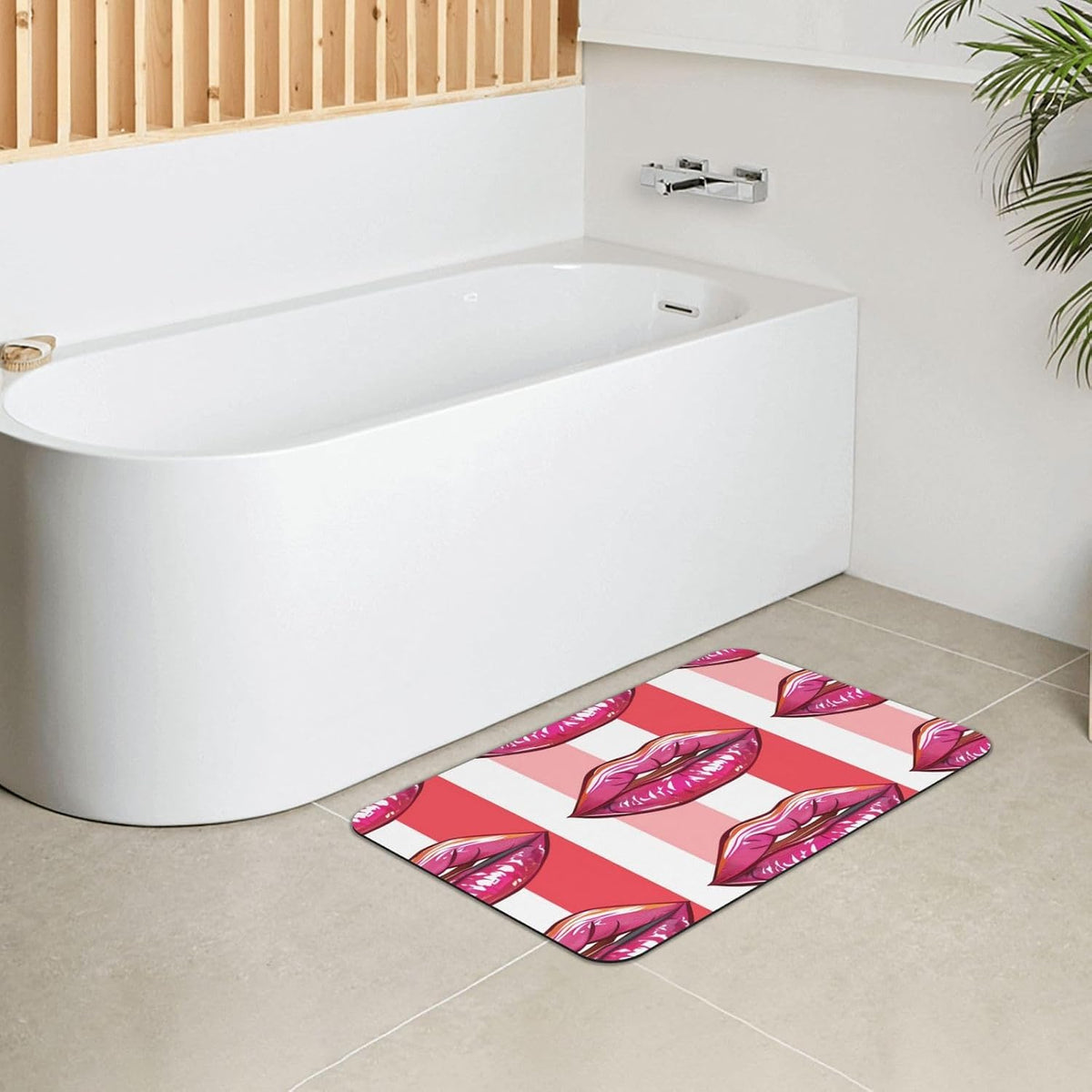 Pink Mouth Geometric Stripes Absorbent Bath Mat Non Slip Washable Doormat 15.7x23.6 in Quick Dry Shower Mat Thin Floor Rug for Bathroom Kitchen Entryway