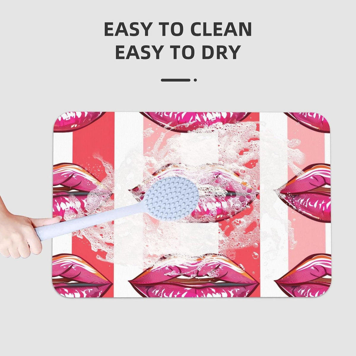 Pink Mouth Geometric Stripes Absorbent Bath Mat Non Slip Washable Doormat 15.7x23.6 in Quick Dry Shower Mat Thin Floor Rug for Bathroom Kitchen Entryway
