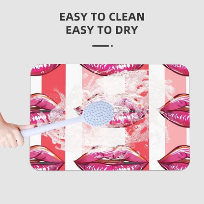 Pink Mouth Geometric Stripes Absorbent Bath Mat Non Slip Washable Doormat 15.7x23.6 in Quick Dry Shower Mat Thin Floor Rug for Bathroom Kitchen Entryway