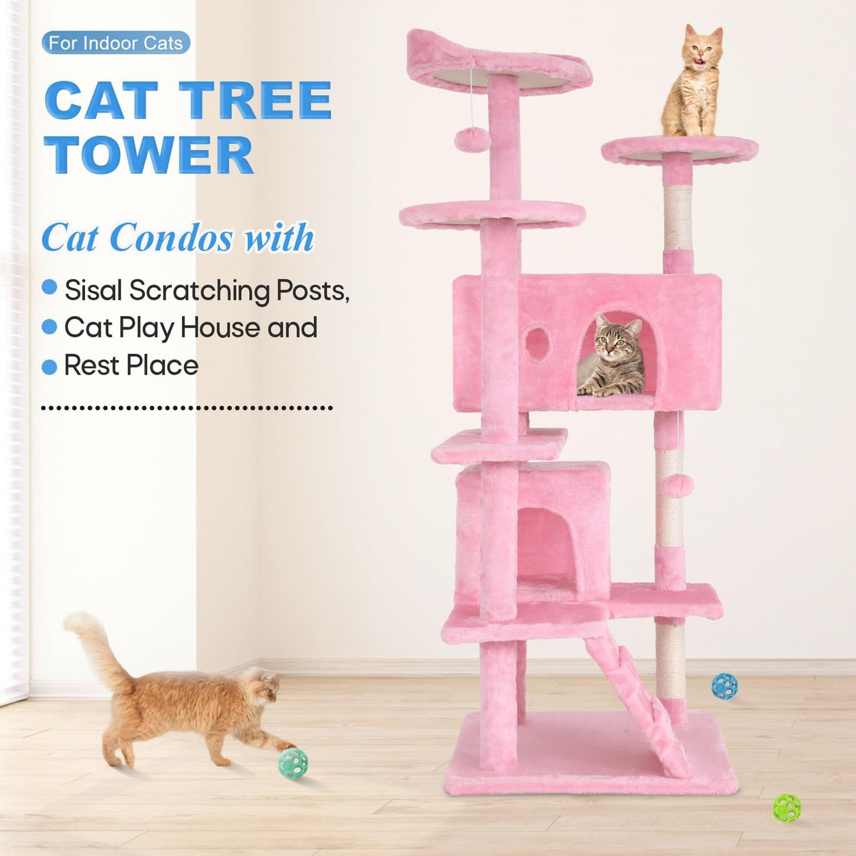 54" Cat Tree Tower | Pink | Multi-Level Indoor Activity Center