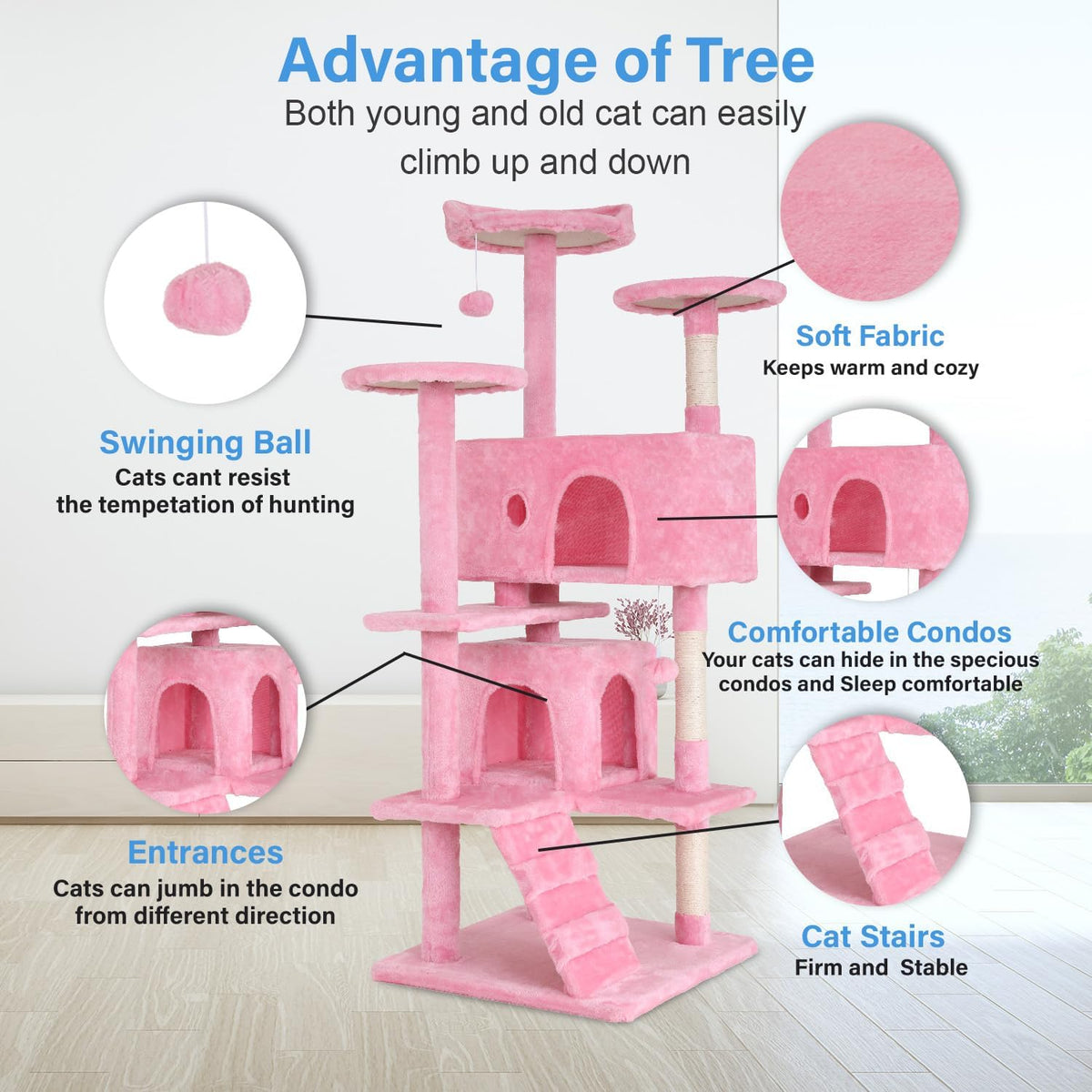 54" Cat Tree Tower | Pink | Multi-Level Indoor Activity Center