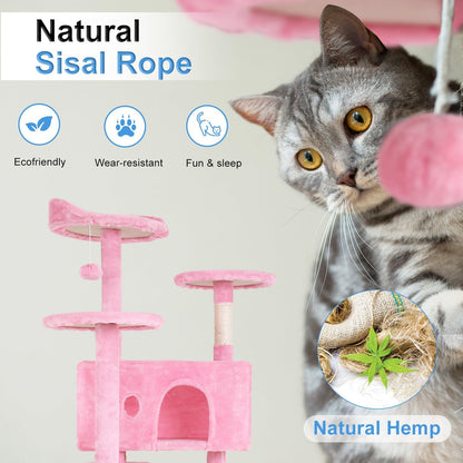 54" Cat Tree Tower | Pink | Multi-Level Indoor Activity Center