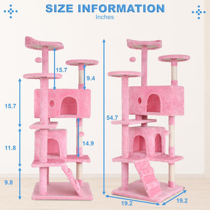 54" Cat Tree Tower | Pink | Multi-Level Indoor Activity Center