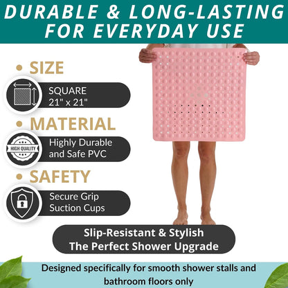 Square Shower Mat – 21 x 21 Inch Non-Slip Mat with Suction Cups and Drain Holes – Anti-Slip Square Bathroom Bathtub Shower Mats for Inside Shower (21x21 Baby Pink)