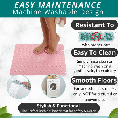 Square Shower Mat – 21 x 21 Inch Non-Slip Mat with Suction Cups and Drain Holes – Anti-Slip Square Bathroom Bathtub Shower Mats for Inside Shower (21x21 Baby Pink)