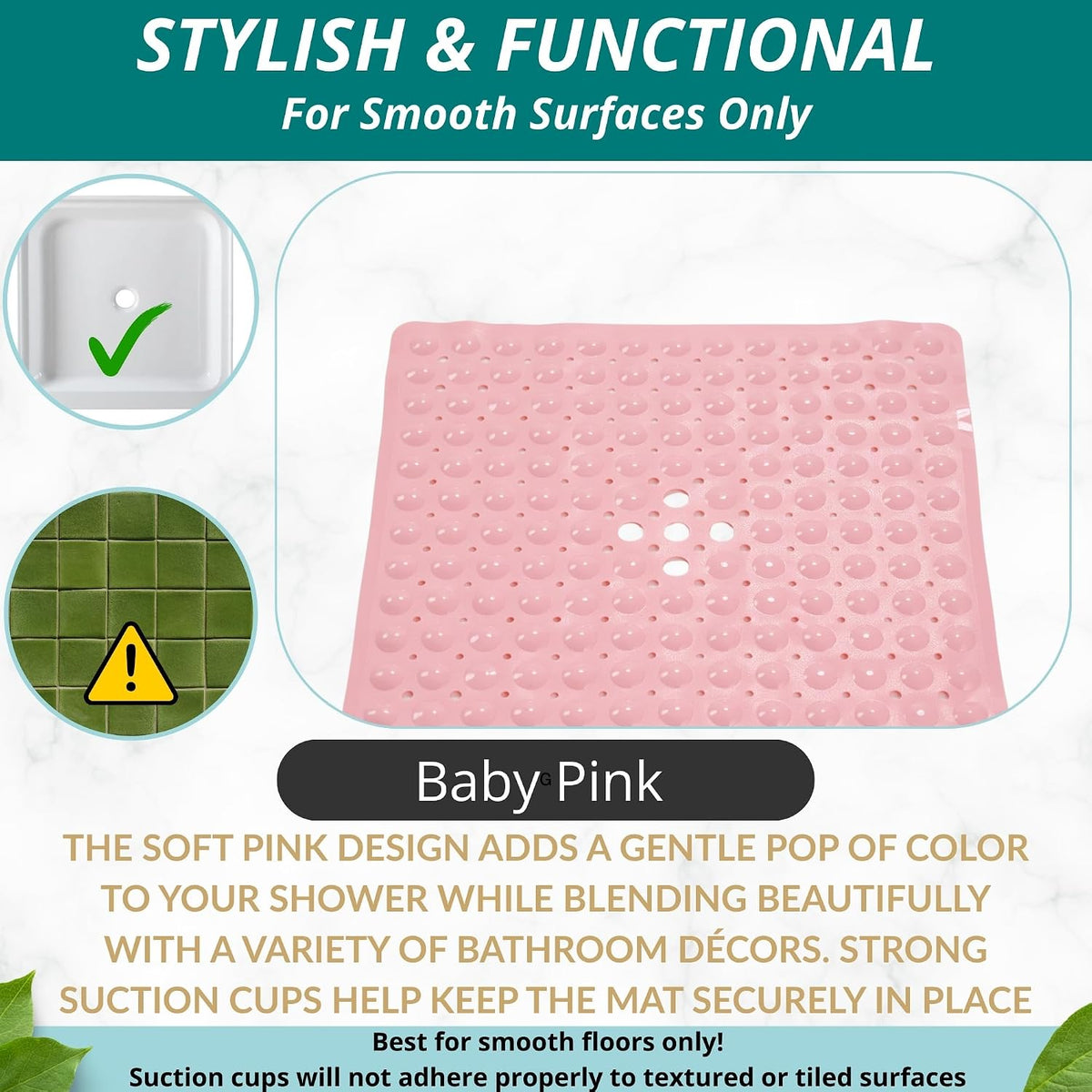 Square Shower Mat – 21 x 21 Inch Non-Slip Mat with Suction Cups and Drain Holes – Anti-Slip Square Bathroom Bathtub Shower Mats for Inside Shower (21x21 Baby Pink)