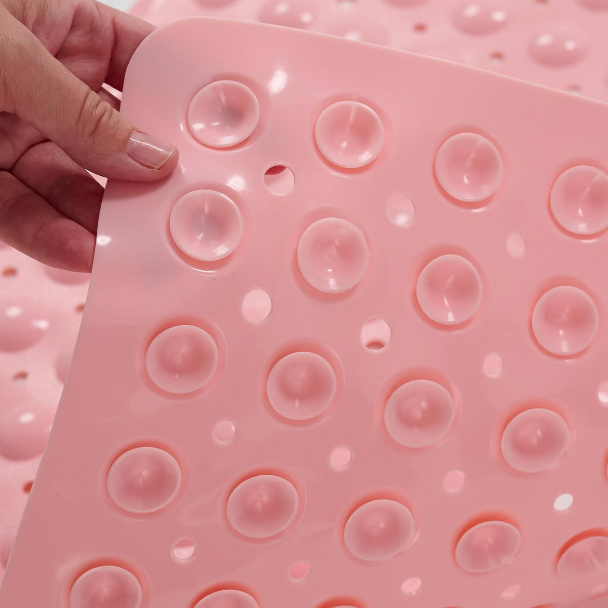 Square Shower Mat – 21 x 21 Inch Non-Slip Mat with Suction Cups and Drain Holes – Anti-Slip Square Bathroom Bathtub Shower Mats for Inside Shower (21x21 Baby Pink)