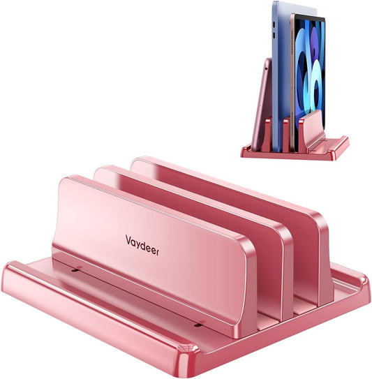 Vertical Laptop Stand for Desk, Dual Slots Plastic Laptop Holder with Space Saving 4-in-1 Design, Adjustable Laptop Stand Supports MacBook, Chromebook, Surface, Dell (Pink Rose)