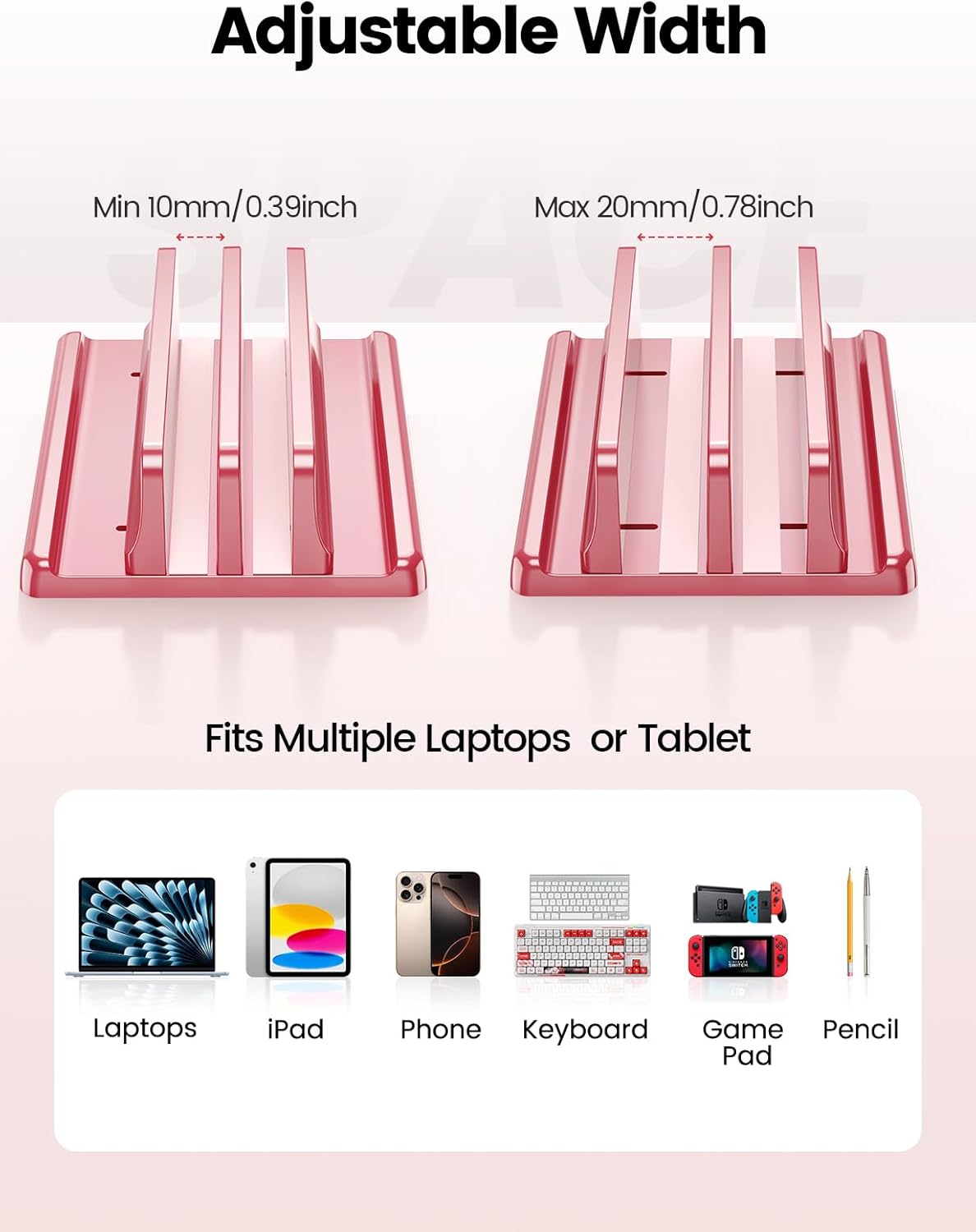 Vertical Laptop Stand for Desk, Dual Slots Plastic Laptop Holder with Space Saving 4-in-1 Design, Adjustable Laptop Stand Supports MacBook, Chromebook, Surface, Dell (Pink Rose)