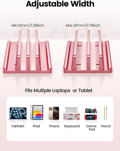 Vertical Laptop Stand for Desk, Dual Slots Plastic Laptop Holder with Space Saving 4-in-1 Design, Adjustable Laptop Stand Supports MacBook, Chromebook, Surface, Dell (Pink Rose)