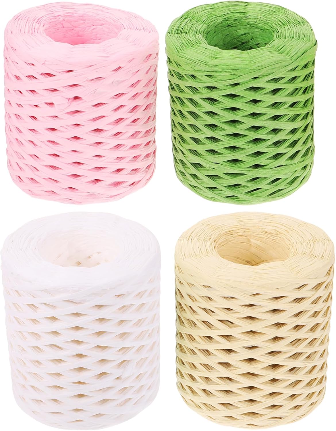 4 Rolls Raffia Ribbon Wrapping Supply Set with Natural Colors (, Grass Green, Oat, Peach) for Holiday DIY Crafts and Present Packing