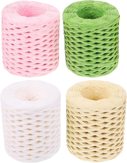 4 Rolls Raffia Ribbon Wrapping Supply Set with Natural Colors (, Grass Green, Oat, Peach) for Holiday DIY Crafts and Present Packing