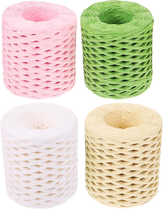 4 Rolls Raffia Ribbon Wrapping Supply Set with Natural Colors (, Grass Green, Oat, Peach) for Holiday DIY Crafts and Present Packing