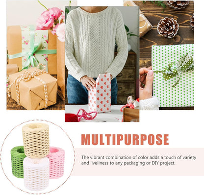 4 Rolls Raffia Ribbon Wrapping Supply Set with Natural Colors (, Grass Green, Oat, Peach) for Holiday DIY Crafts and Present Packing