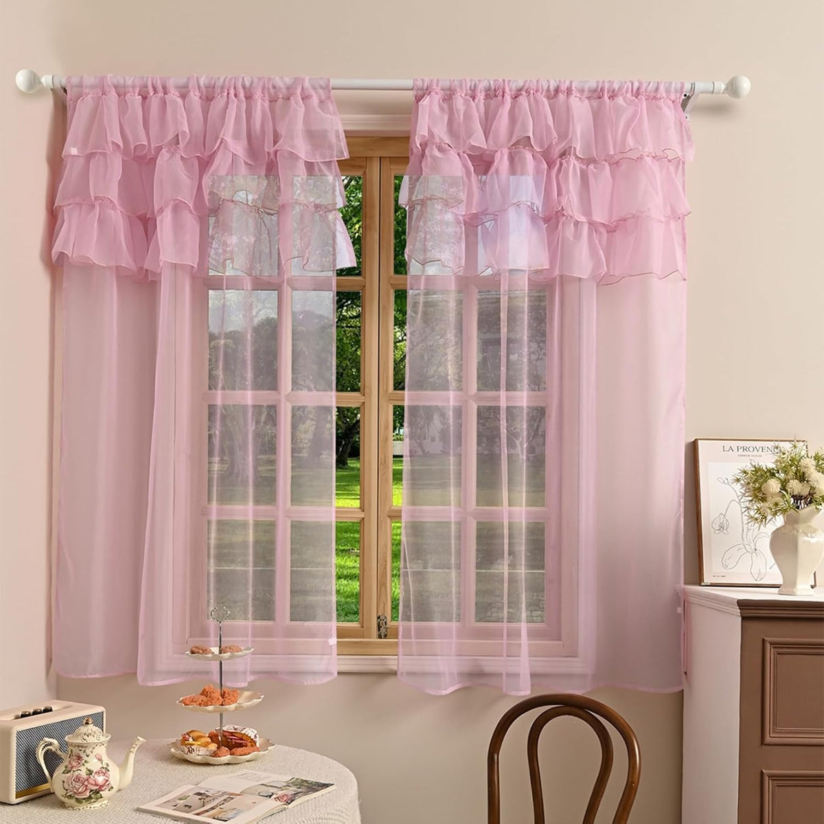 2 Panels Multi‑Layered Ruffle Curtain Valance Semi‑Sheer Voile Tier Curtain Rod Pocket Light Filtering Ruffled Window Drapes for Kitchen Cafe Bedroom Small Window Over Sink(Pink,39"x51")