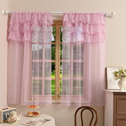 2 Panels Multi‑Layered Ruffle Curtain Valance Semi‑Sheer Voile Tier Curtain Rod Pocket Light Filtering Ruffled Window Drapes for Kitchen Cafe Bedroom Small Window Over Sink(Pink,39"x51")