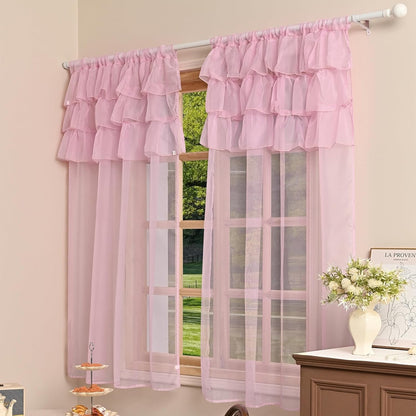 2 Panels Multi‑Layered Ruffle Curtain Valance Semi‑Sheer Voile Tier Curtain Rod Pocket Light Filtering Ruffled Window Drapes for Kitchen Cafe Bedroom Small Window Over Sink(Pink,39"x51")