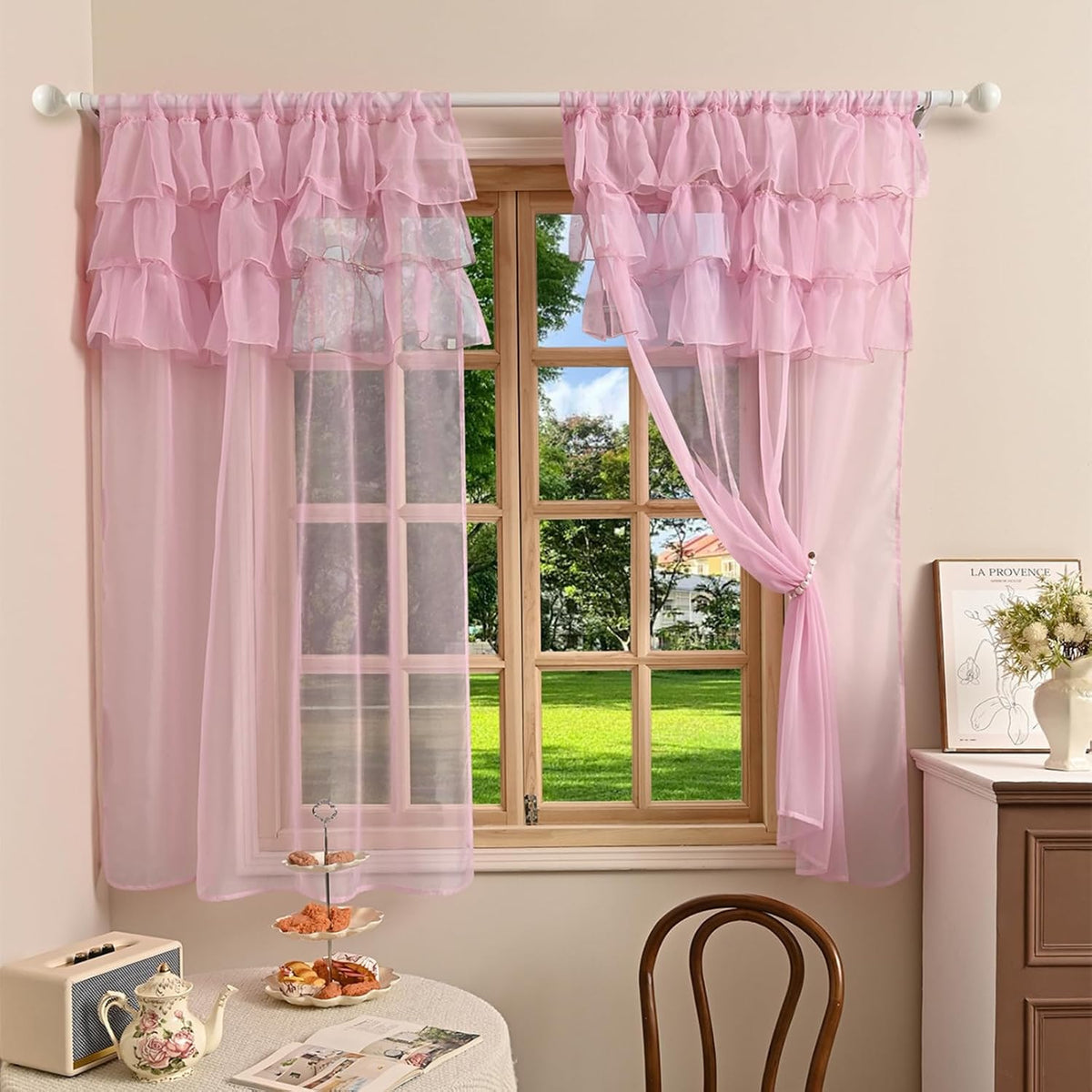 2 Panels Multi‑Layered Ruffle Curtain Valance Semi‑Sheer Voile Tier Curtain Rod Pocket Light Filtering Ruffled Window Drapes for Kitchen Cafe Bedroom Small Window Over Sink(Pink,39"x51")