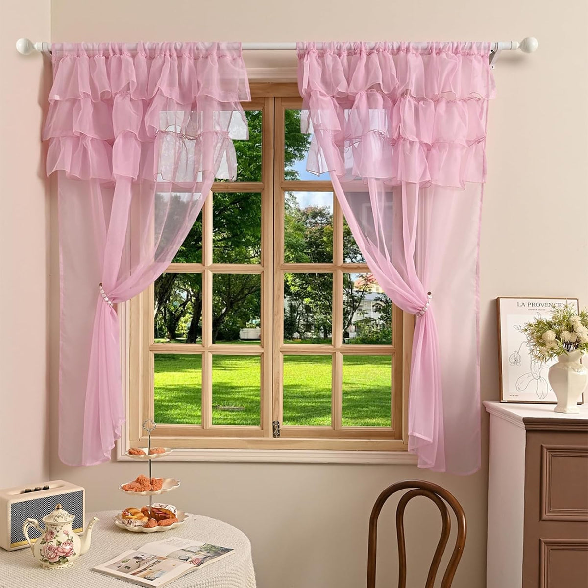2 Panels Multi‑Layered Ruffle Curtain Valance Semi‑Sheer Voile Tier Curtain Rod Pocket Light Filtering Ruffled Window Drapes for Kitchen Cafe Bedroom Small Window Over Sink(Pink,39"x51")