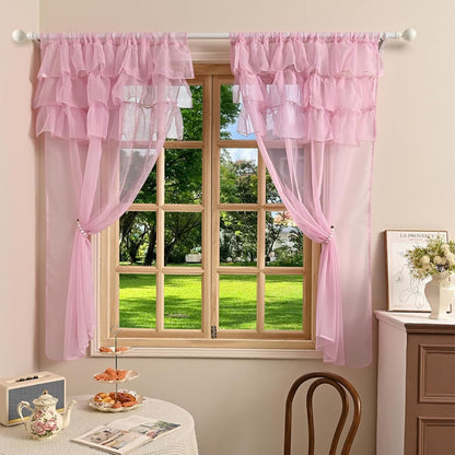 2 Panels Multi‑Layered Ruffle Curtain Valance Semi‑Sheer Voile Tier Curtain Rod Pocket Light Filtering Ruffled Window Drapes for Kitchen Cafe Bedroom Small Window Over Sink(Pink,39"x51")
