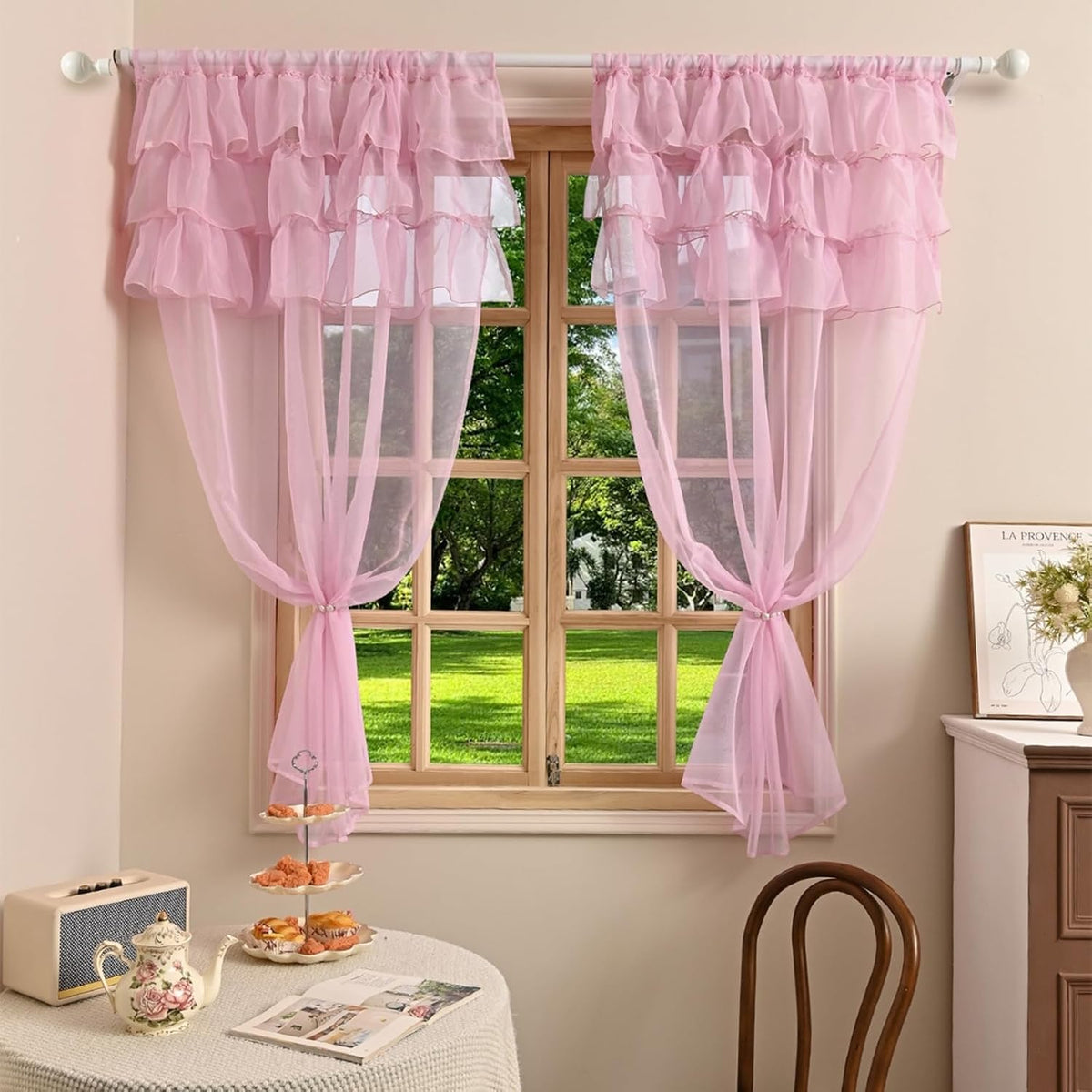 2 Panels Multi‑Layered Ruffle Curtain Valance Semi‑Sheer Voile Tier Curtain Rod Pocket Light Filtering Ruffled Window Drapes for Kitchen Cafe Bedroom Small Window Over Sink(Pink,39"x51")