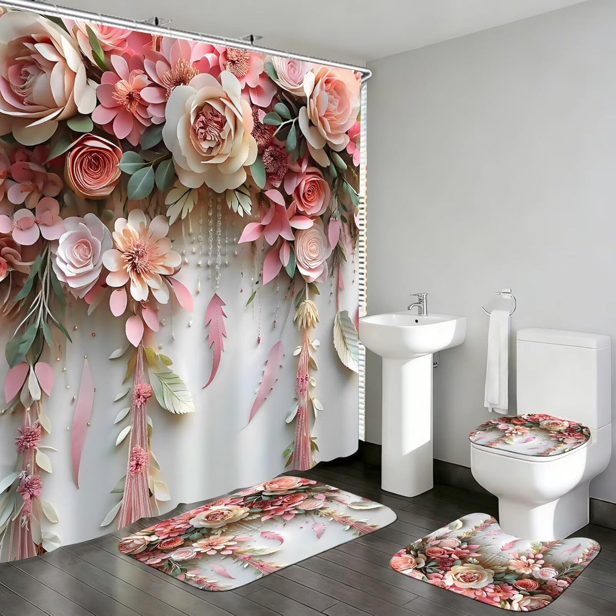 Pink Flower Bathroom Shower Curtain Set, Rose Shower Curtain and Rugs