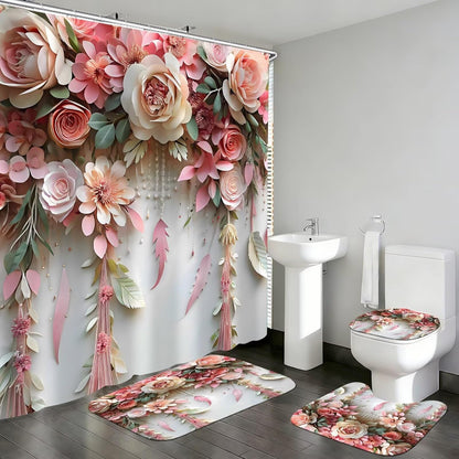Pink Flower Bathroom Shower Curtain Set, Rose Shower Curtain and Rugs